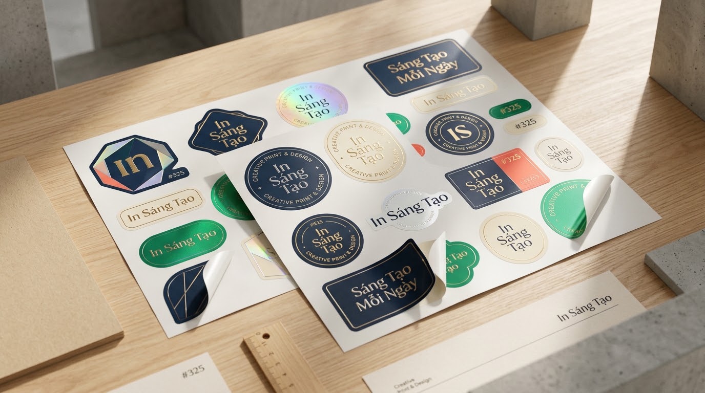 Minh họa tờ sticker và decal in nhiều hình dạng