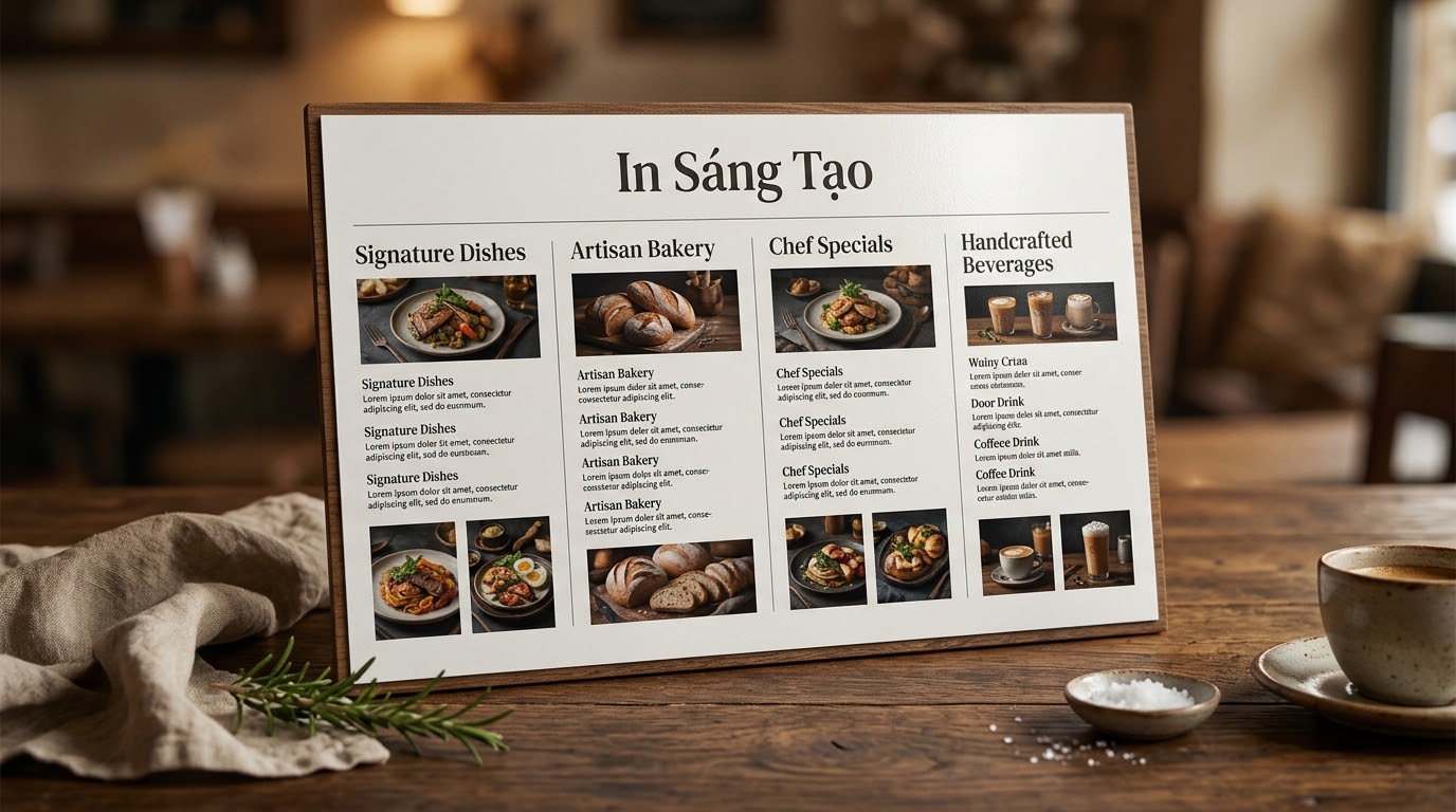 Minh họa menu in ngang đặt trên bàn quán