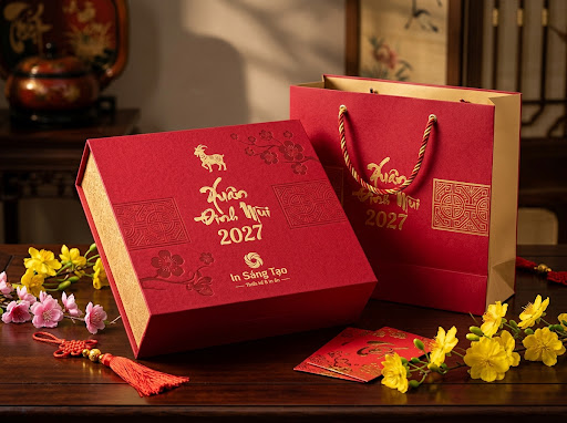 Minh họa hộp quà Tết doanh nghiệp in theo yêu cầu